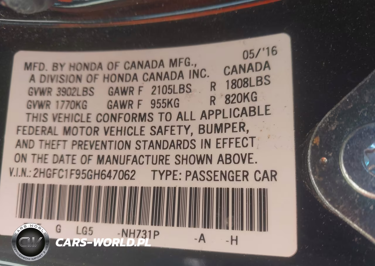2016 Honda Civic Touring VIN:2HGFC1F95GH647062 - 9