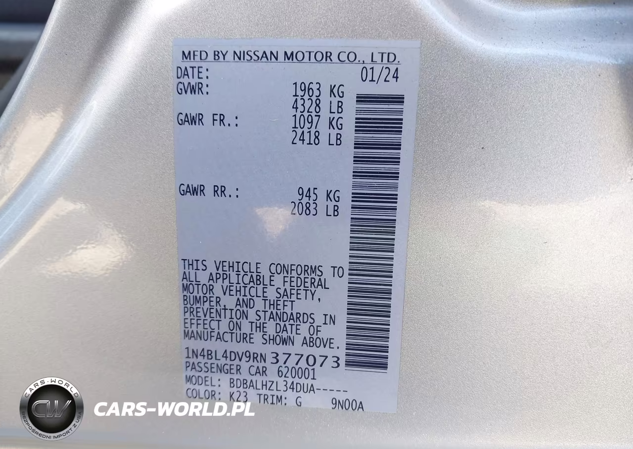 2024 Nissan Altima Sv Fwd VIN:1N4BL4DV9RN377073 - 9