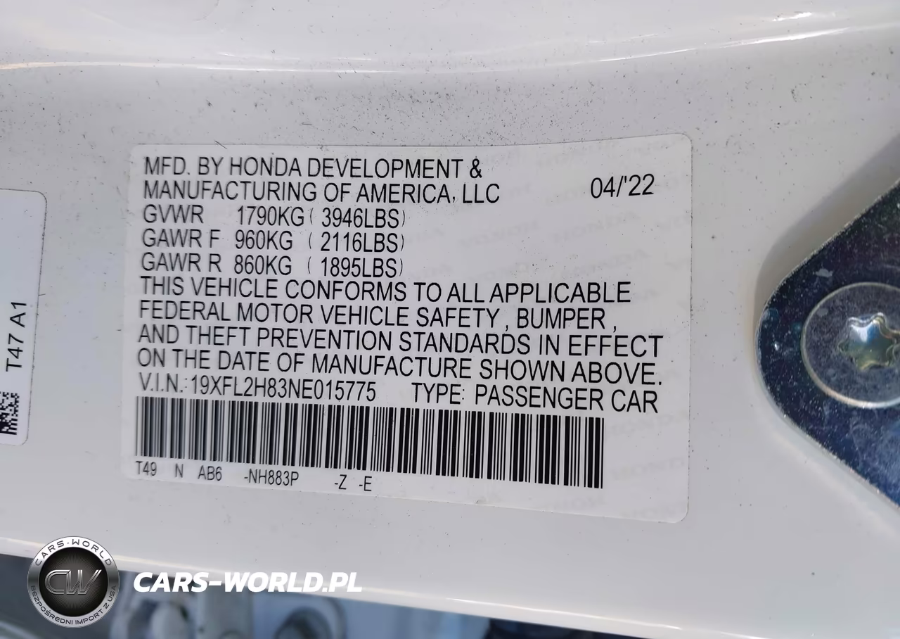 2022 Honda Civic Sport VIN:19XFL2H83NE015775 - 9