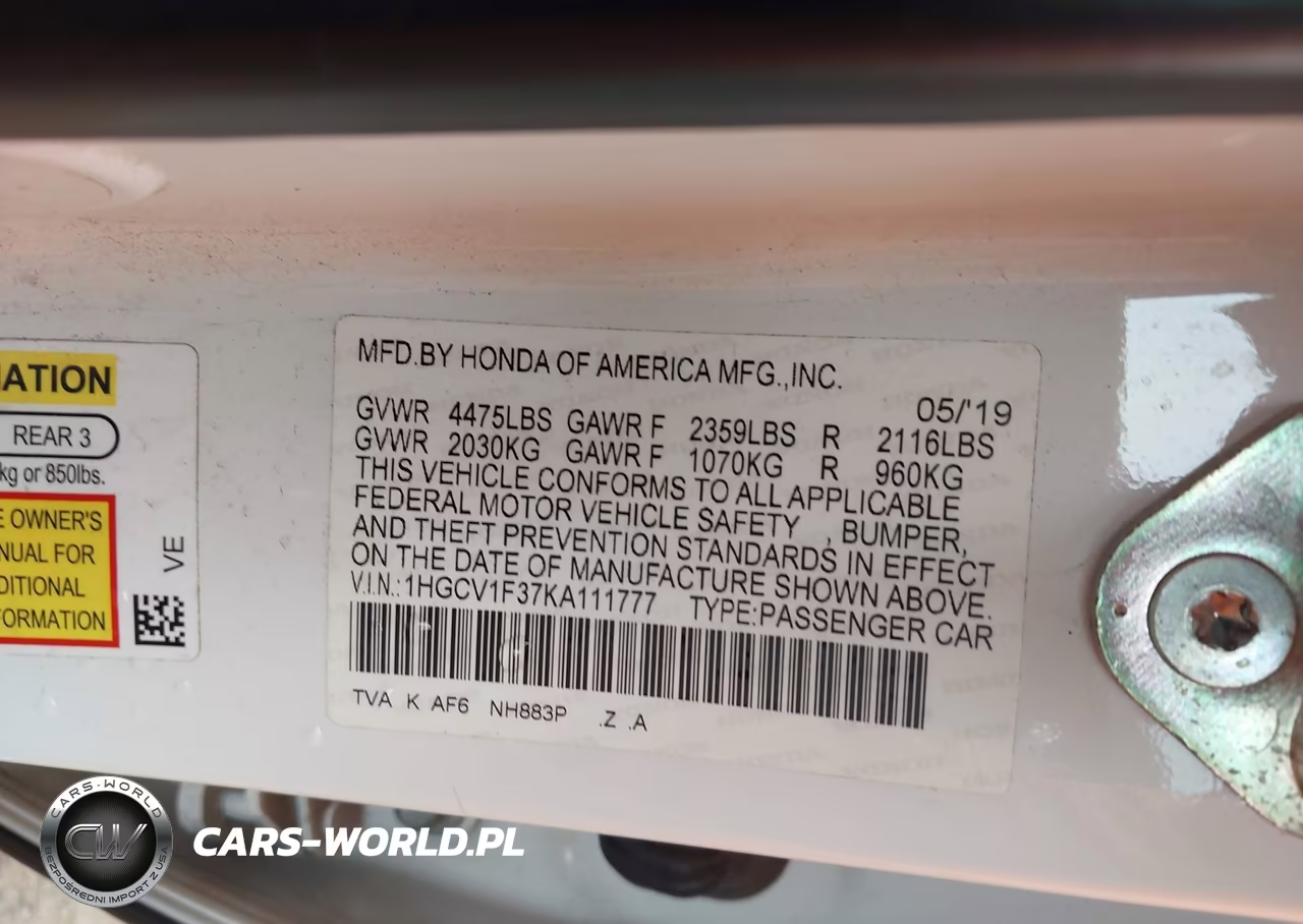 2019 Honda Accord Sport VIN:1HGCV1F37KA111777 - 9
