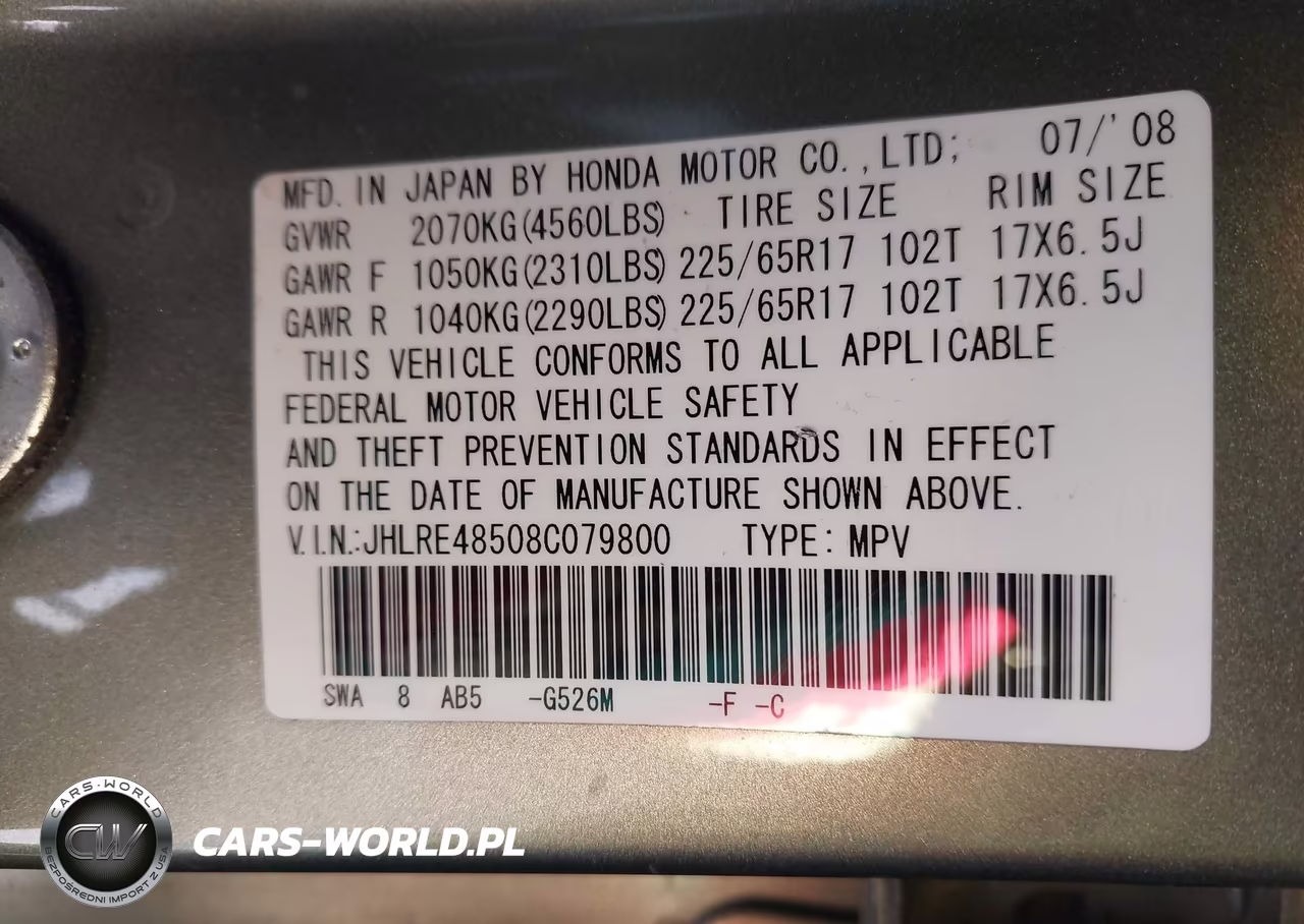 2008 Honda Cr-V Ex VIN:JHLRE48508C079800 - 9