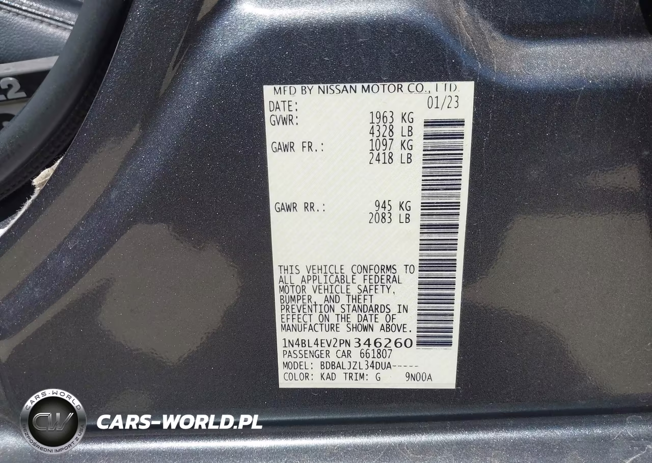 2023 Nissan Altima Sl Fwd VIN:1N4BL4EV2PN346260 - 9