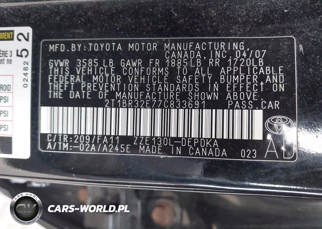 2007 Toyota Corolla Ce VIN:2T1BR32E77C833691 - 9