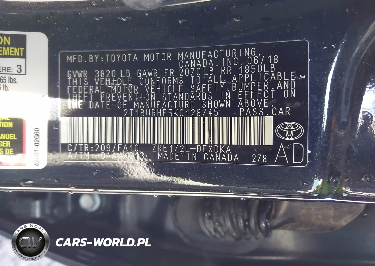 2019 Toyota Corolla L VIN:2T1BURHE5KC128745 - 9