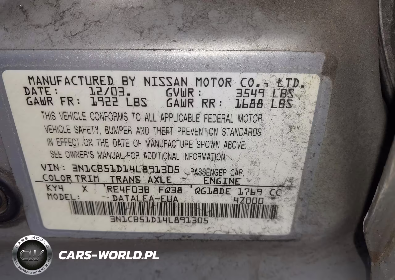 2004 Nissan Sentra 1.8S VIN:3N1CB51D14L891305 - 9