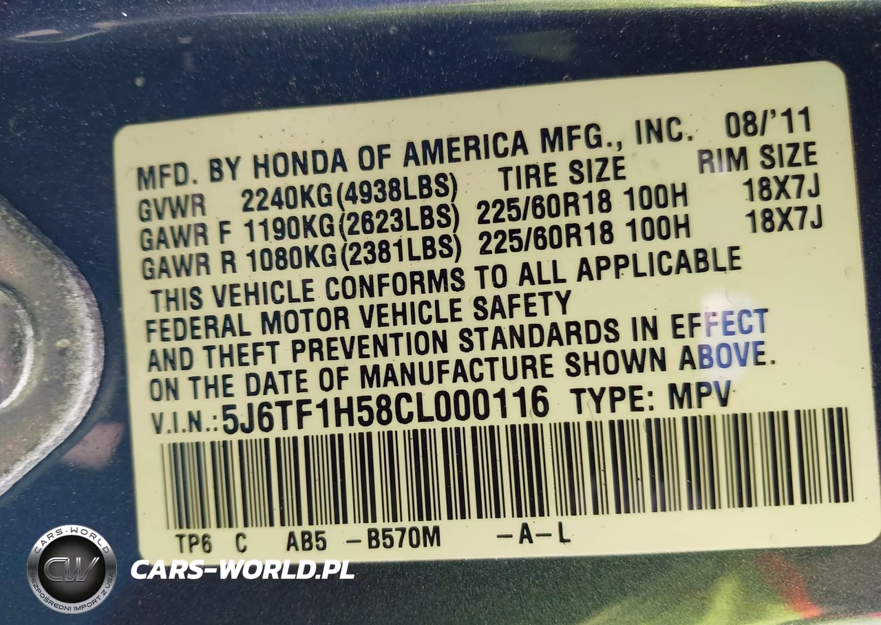 2012 Honda Crosstour Ex-L VIN:5J6TF1H58CL000116 - 9