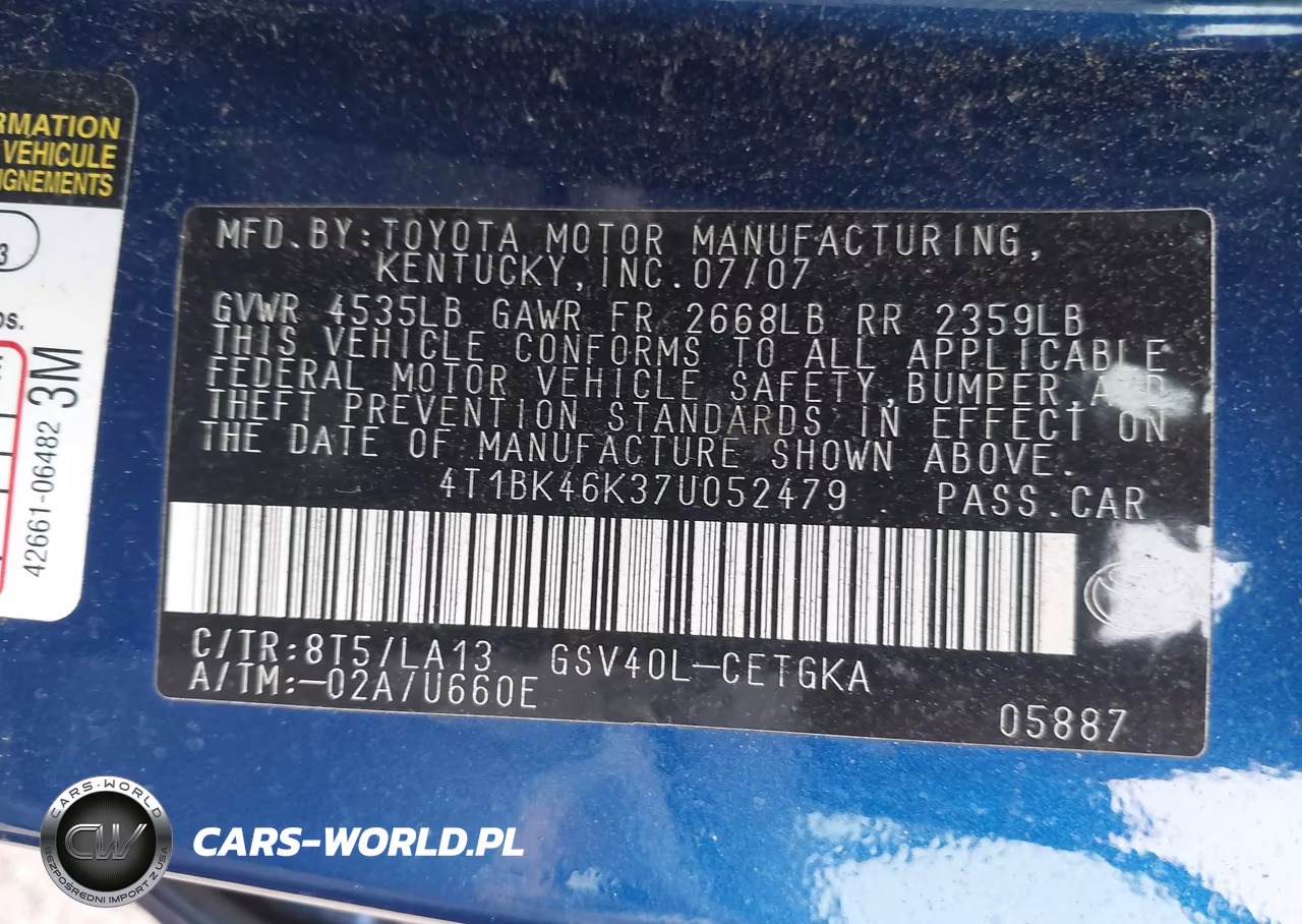 2007 Toyota Camry Xle V6 VIN:4T1BK46K37U052479 - 9