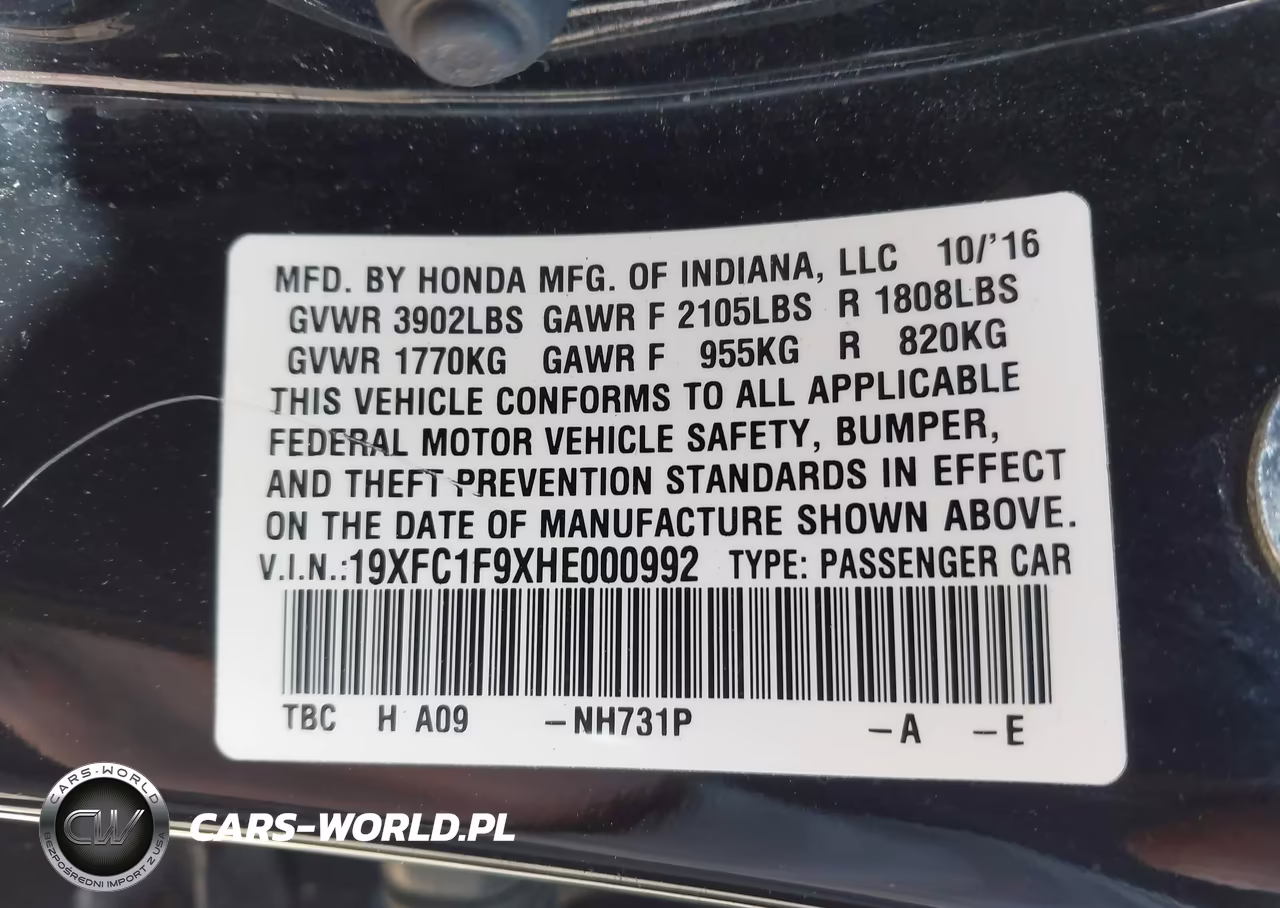 2017 Honda Civic Touring VIN:19XFC1F9XHE000992 - 9