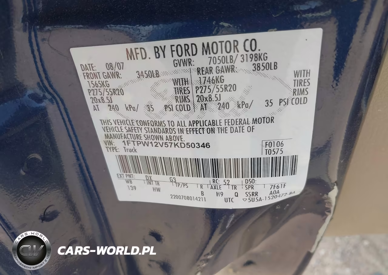 2007 Ford F-150 Lariat-Xlt VIN:1FTPW12V57KD50346 - 9