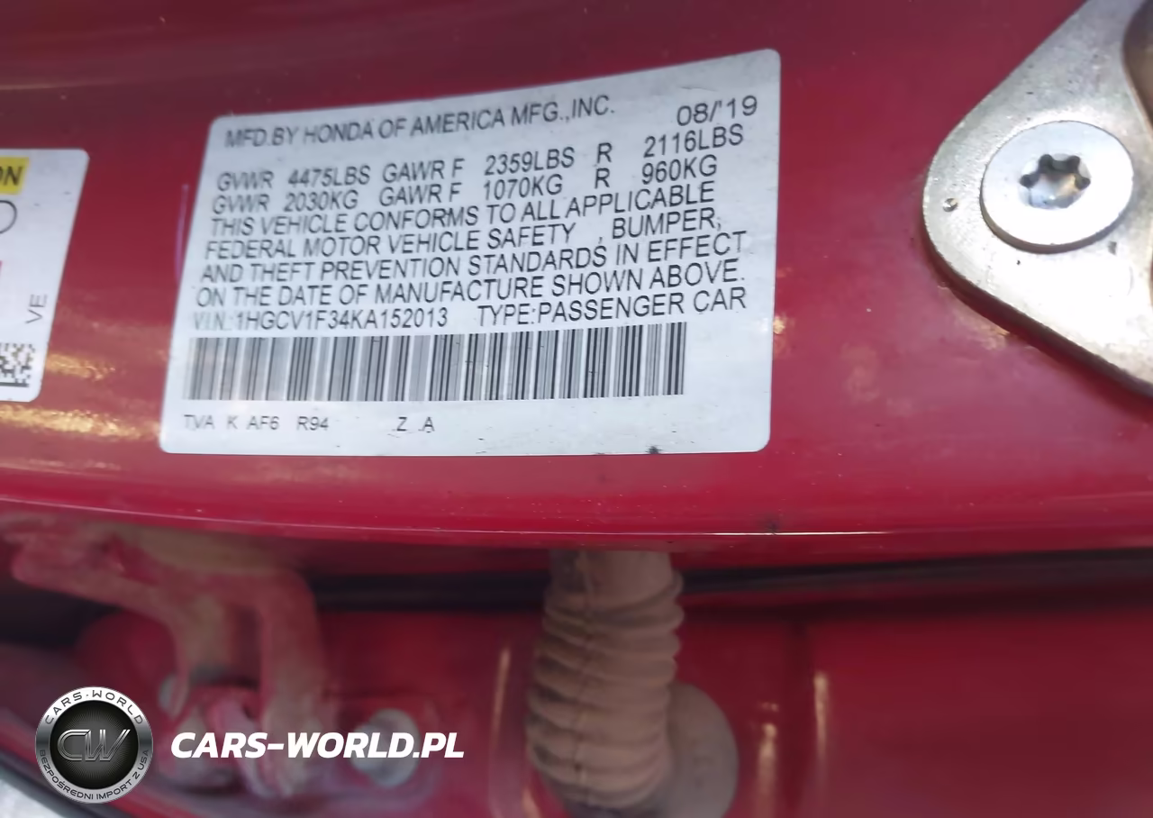 2019 Honda Accord Sport VIN:1HGCV1F34KA152013 - 9