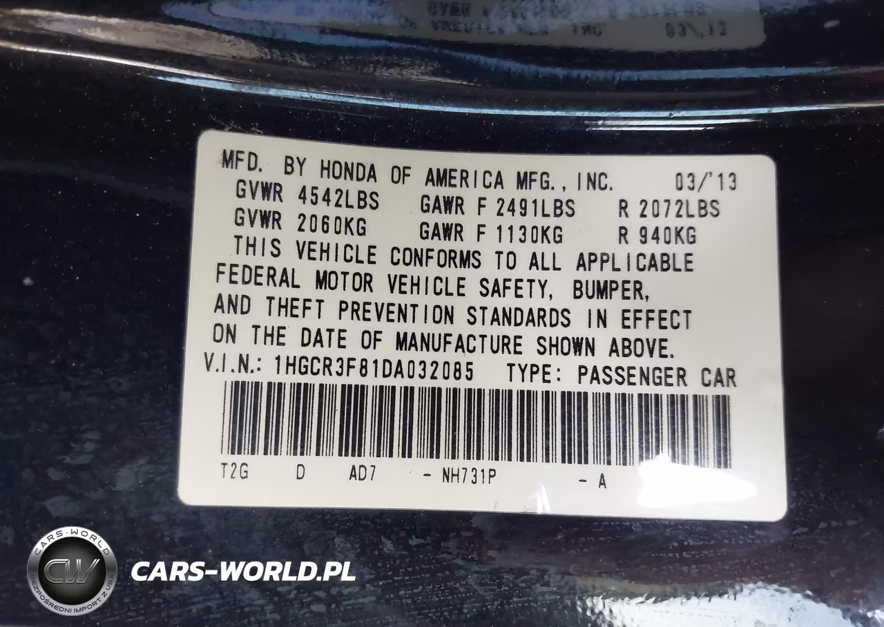 2013 Honda Accord Ex-L V-6 VIN:1HGCR3F81DA032085 - 9