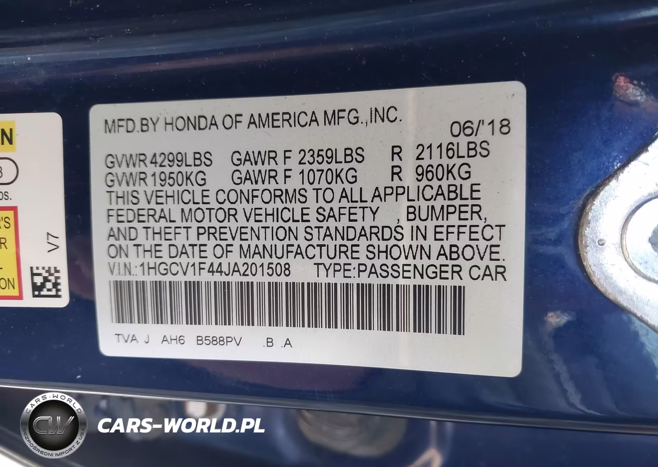 2018 Honda Accord Ex VIN:1HGCV1F44JA201508 - 9