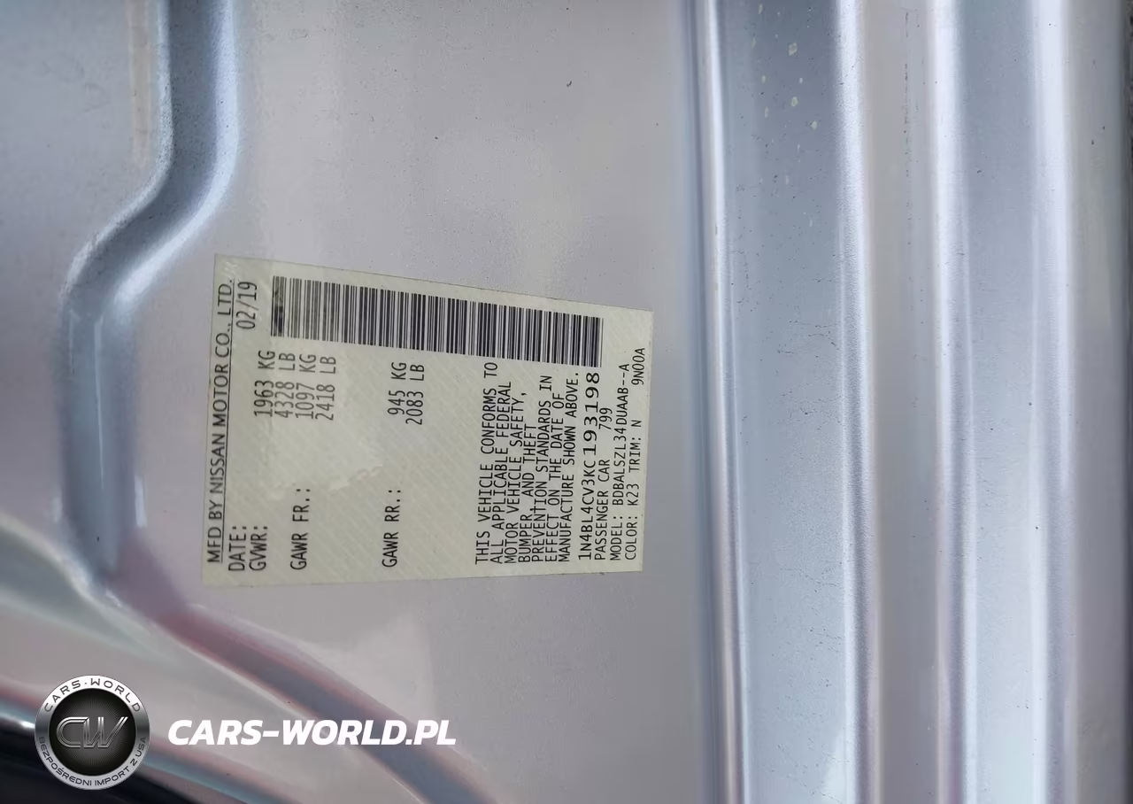 2019 Nissan Altima 2.5 Sr VIN:1N4BL4CV3KC193198 - 9
