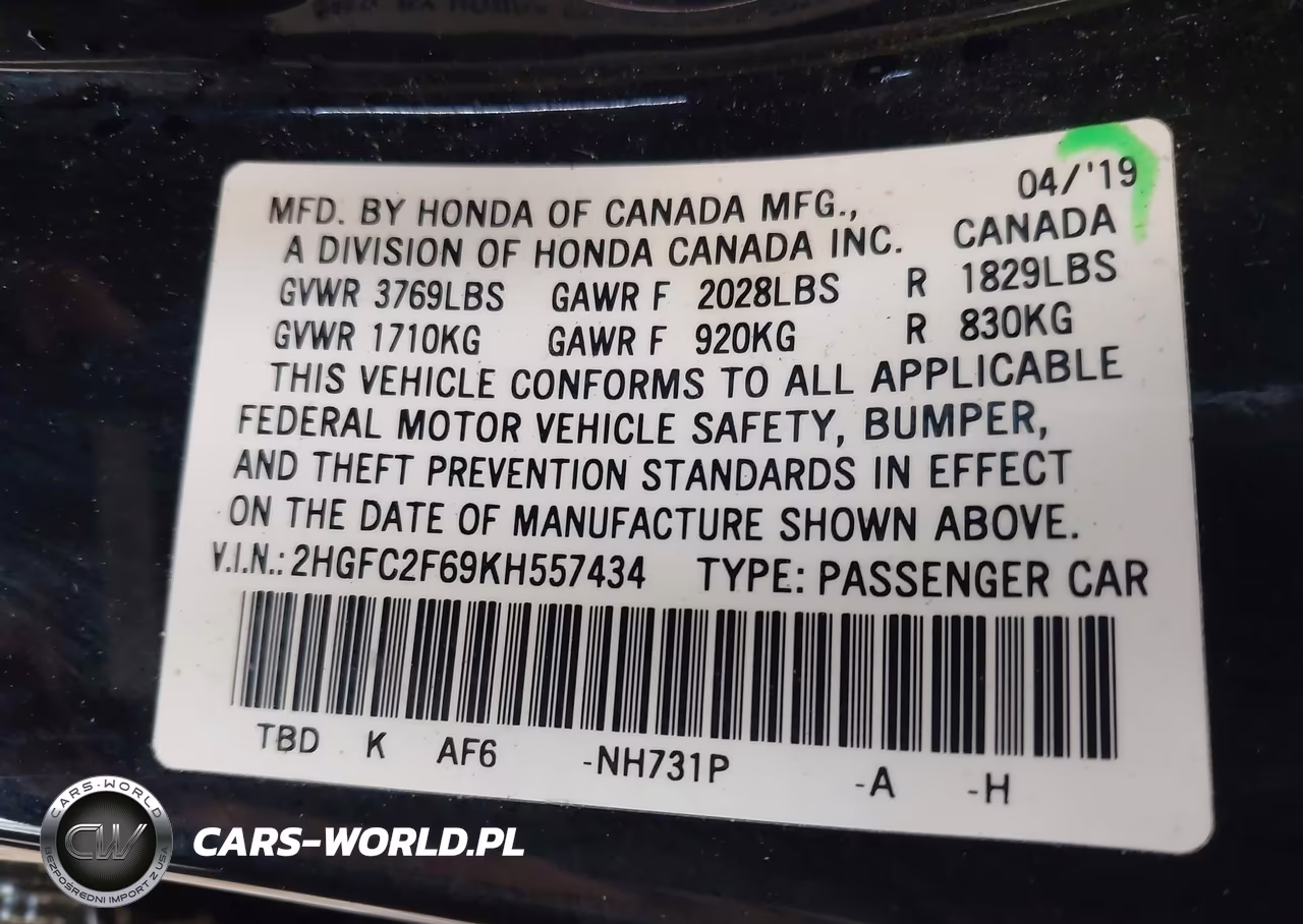 2019 Honda Civic Lx VIN:2HGFC2F69KH557434 - 9