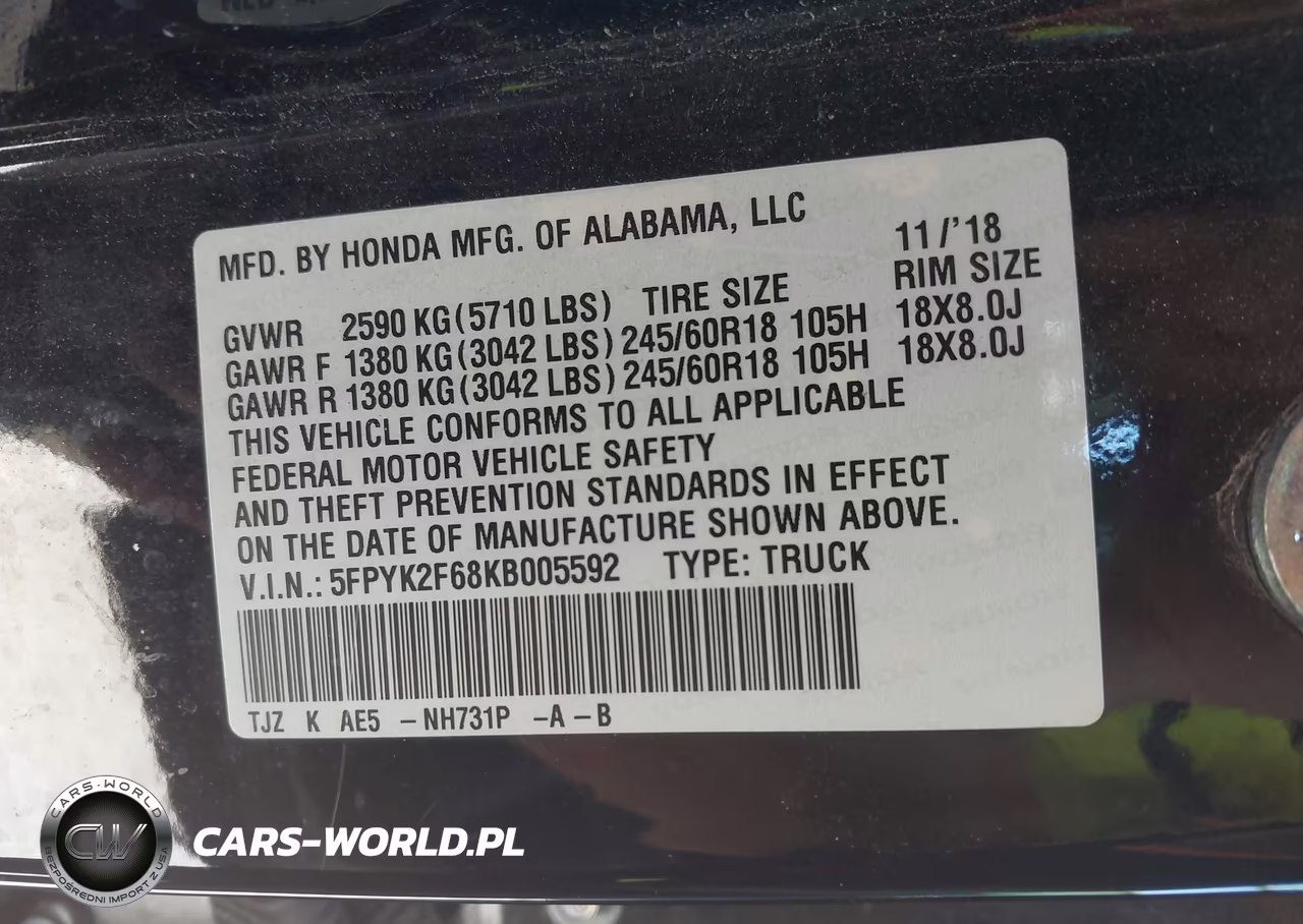 2019 Honda Ridgeline Rtl-T VIN:5FPYK2F68KB005592 - 9