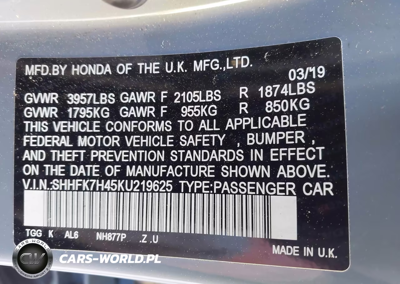 2019 Honda Civic Sport VIN:SHHFK7H45KU219625 - 9