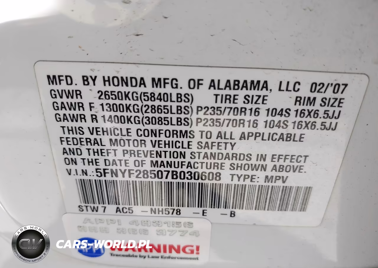 2007 Honda Pilot Ex-L VIN:5FNYF28507B030608 - 9