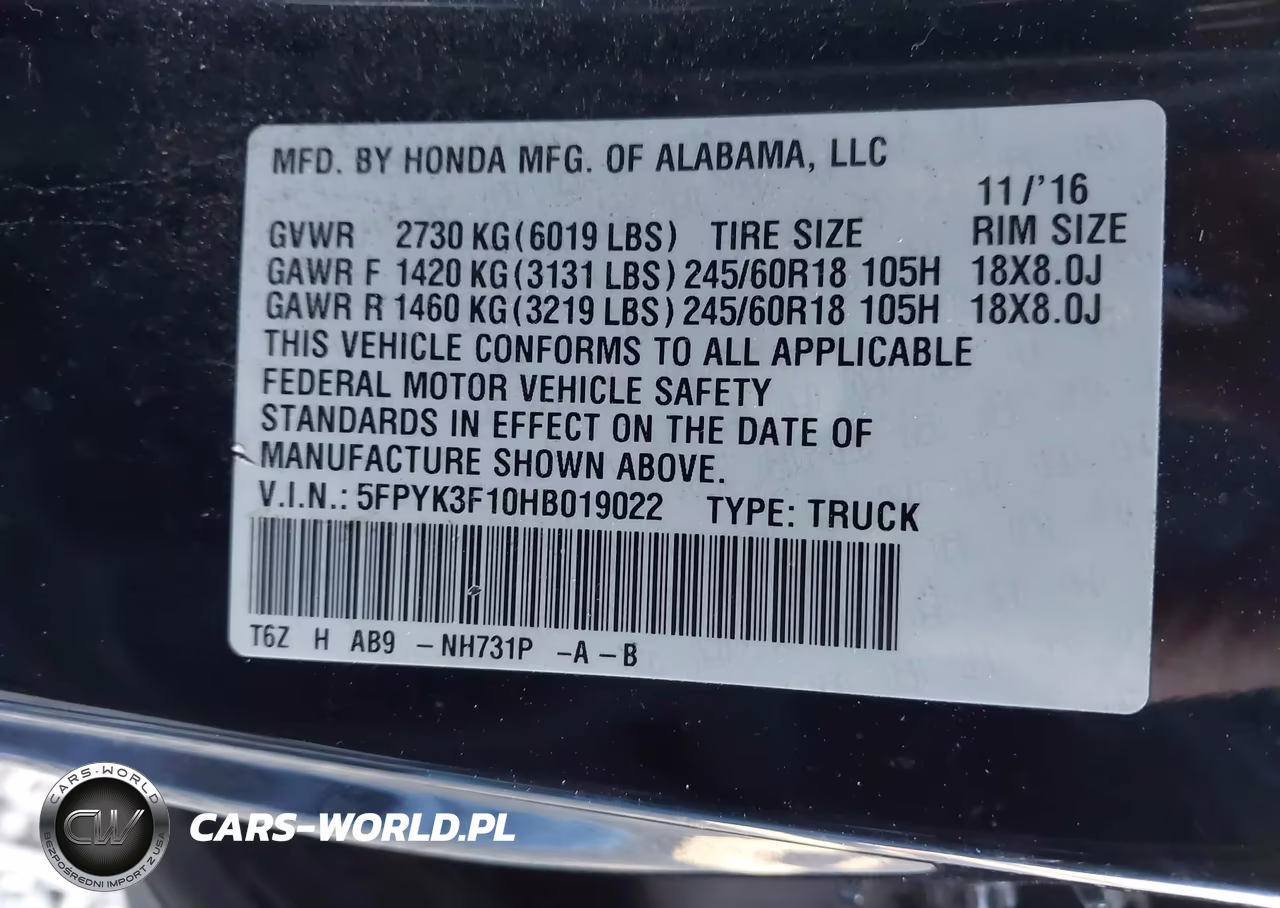 2017 Honda Ridgeline Sport VIN:5FPYK3F10HB019022 - 9