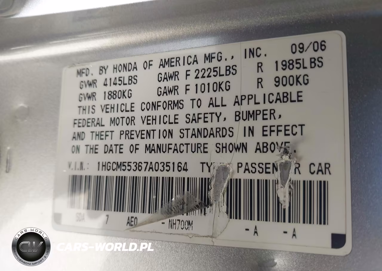 2007 Honda Accord 2.4 Se VIN:1HGCM55367A035164 - 9