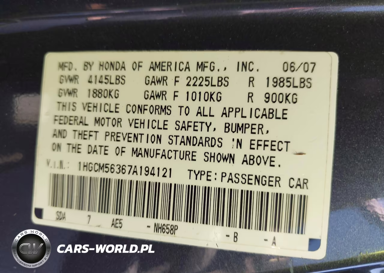 2007 Honda Accord 2.4 Se VIN:1HGCM56367A194121 - 9