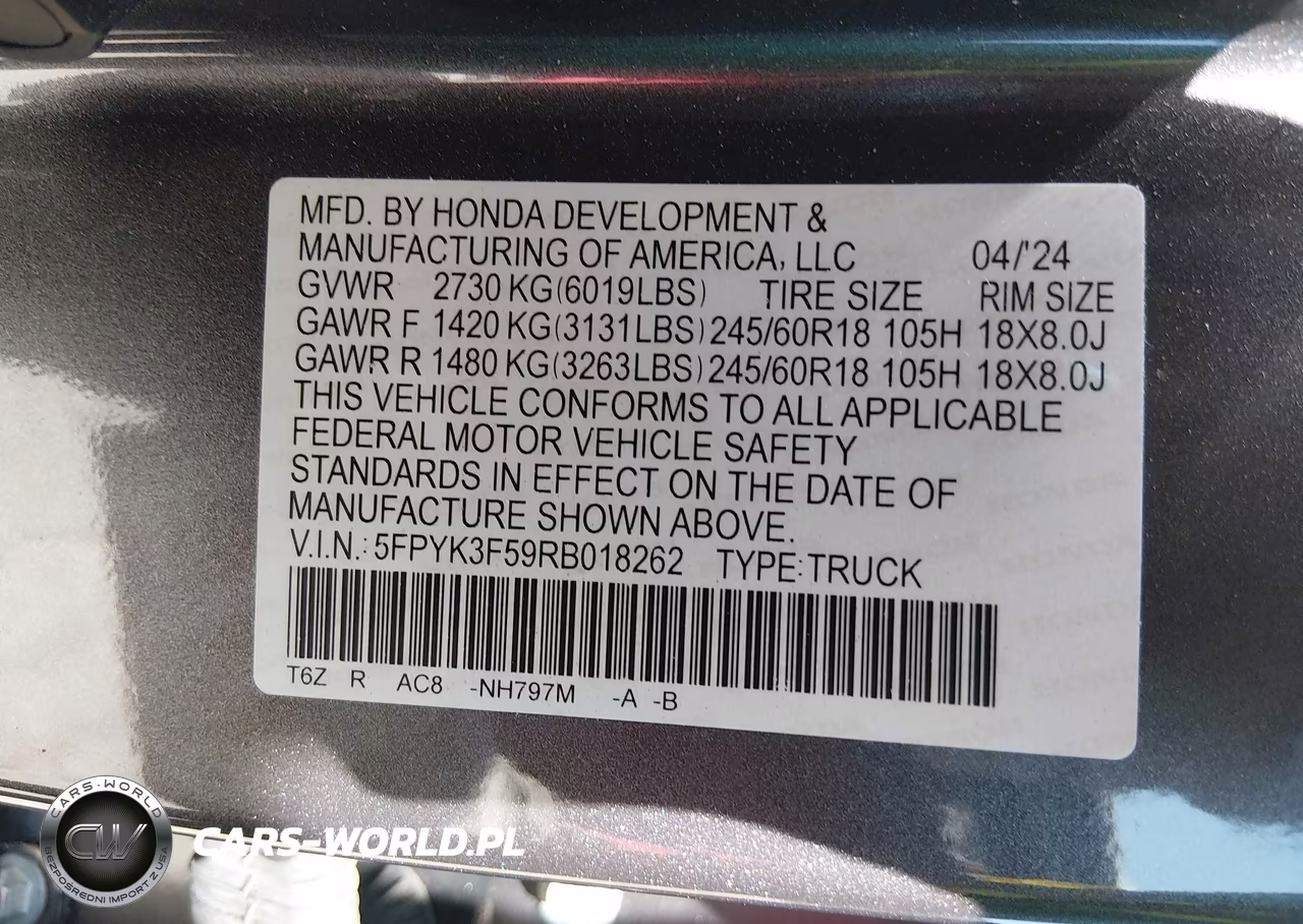 2024 Honda Ridgeline Rtl VIN:5FPYK3F59RB018262 - 9