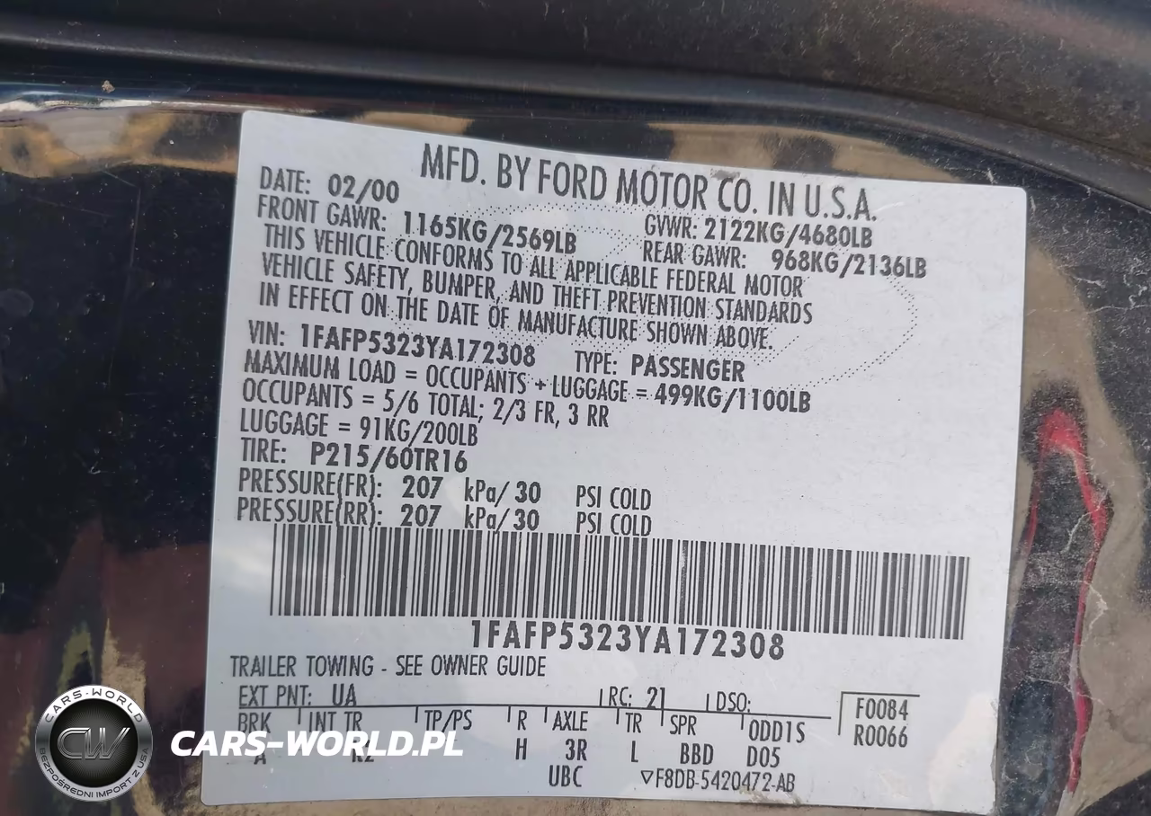 2000 Ford Taurus Se VIN:1FAFP5323YA172308 - 9