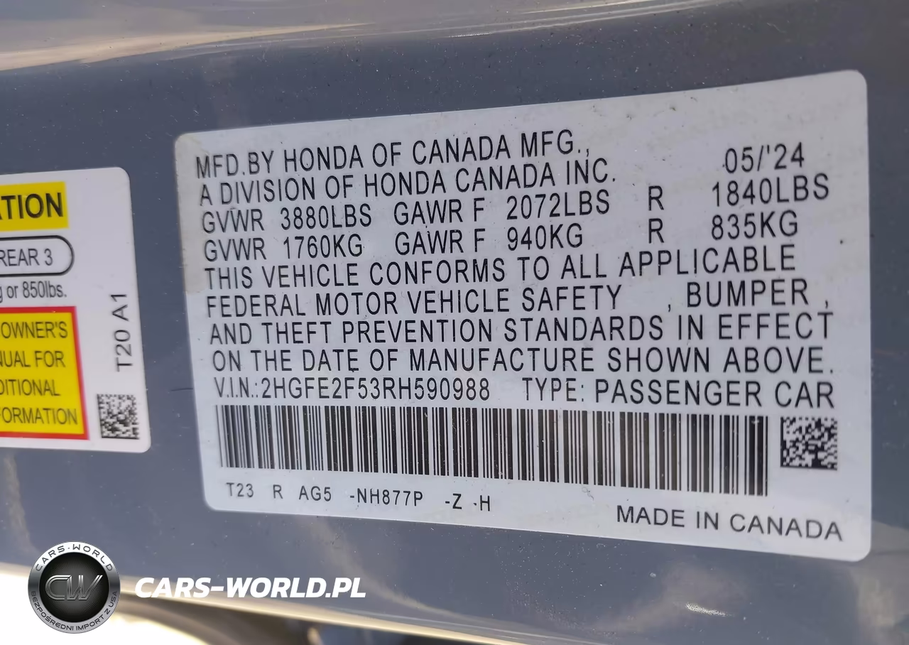 2024 Honda Civic Sport VIN:2HGFE2F53RH590988 - 9