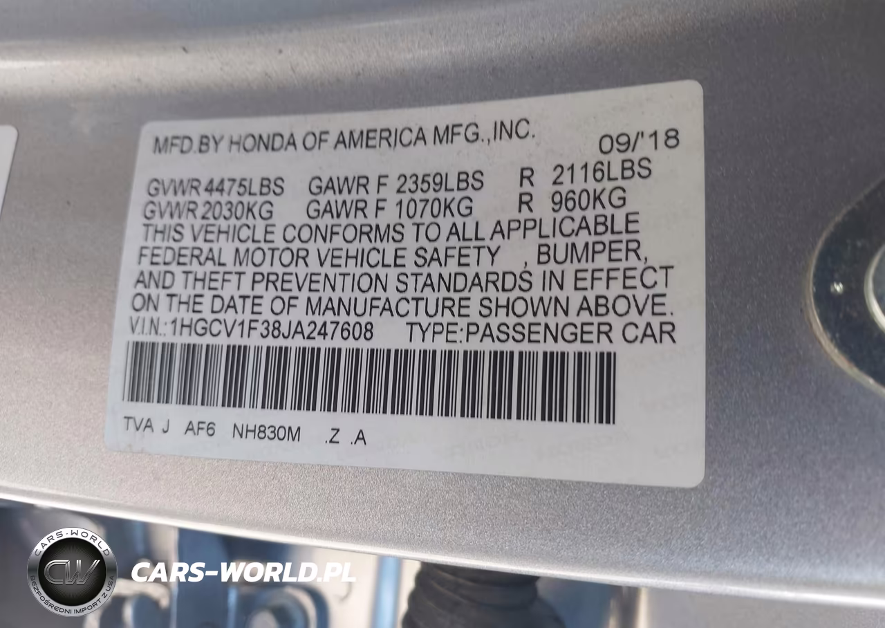 2018 Honda Accord Sport VIN:1HGCV1F38JA247608 - 9