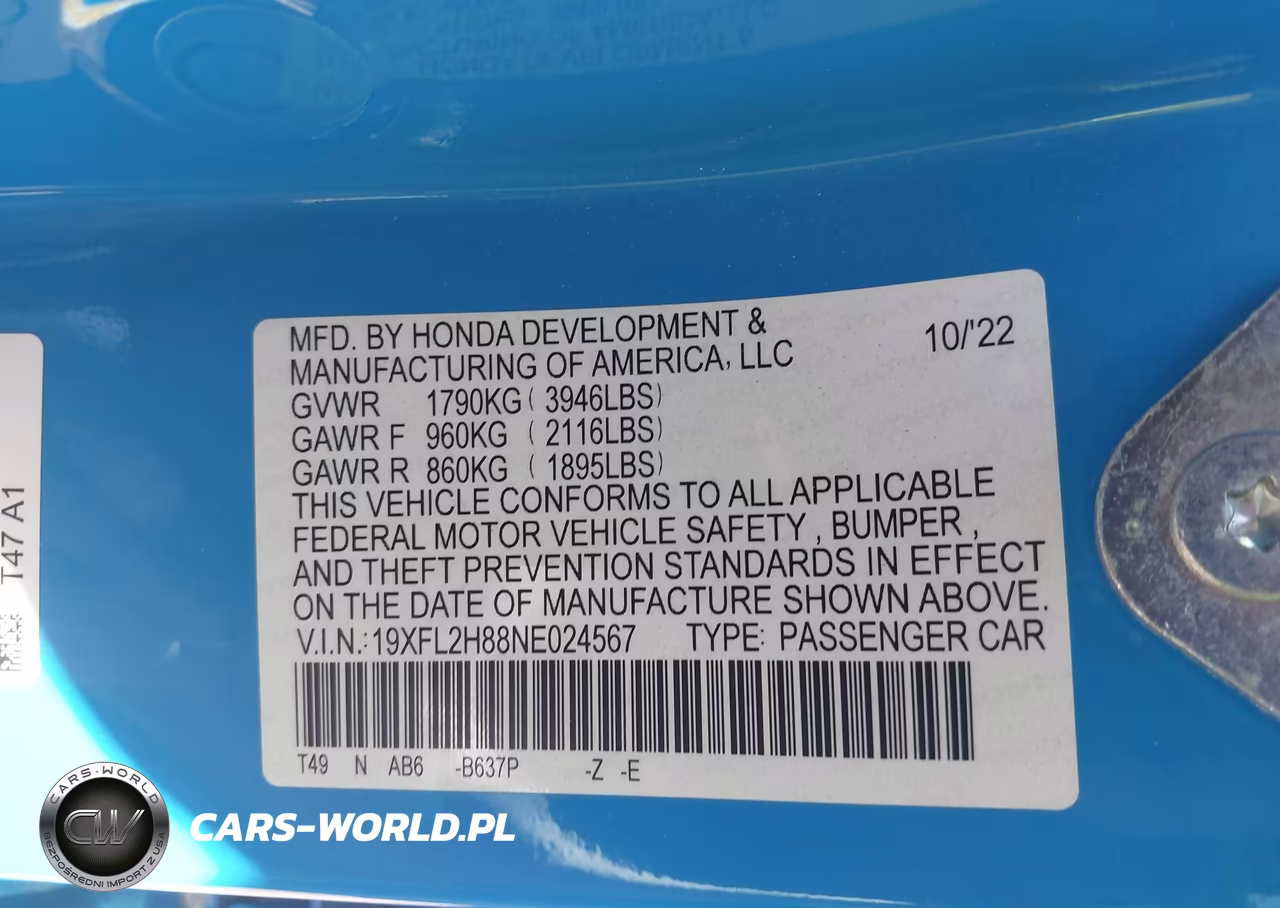 2022 Honda Civic Sport VIN:19XFL2H88NE024567 - 9