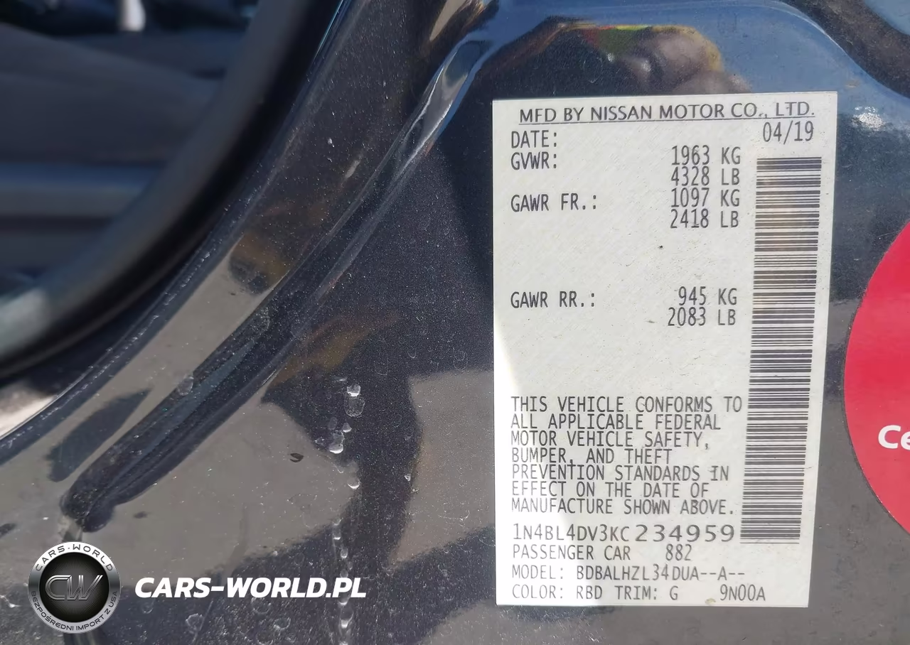 2019 Nissan Altima 2.5 Sv VIN:1N4BL4DV3KC234959 - 9
