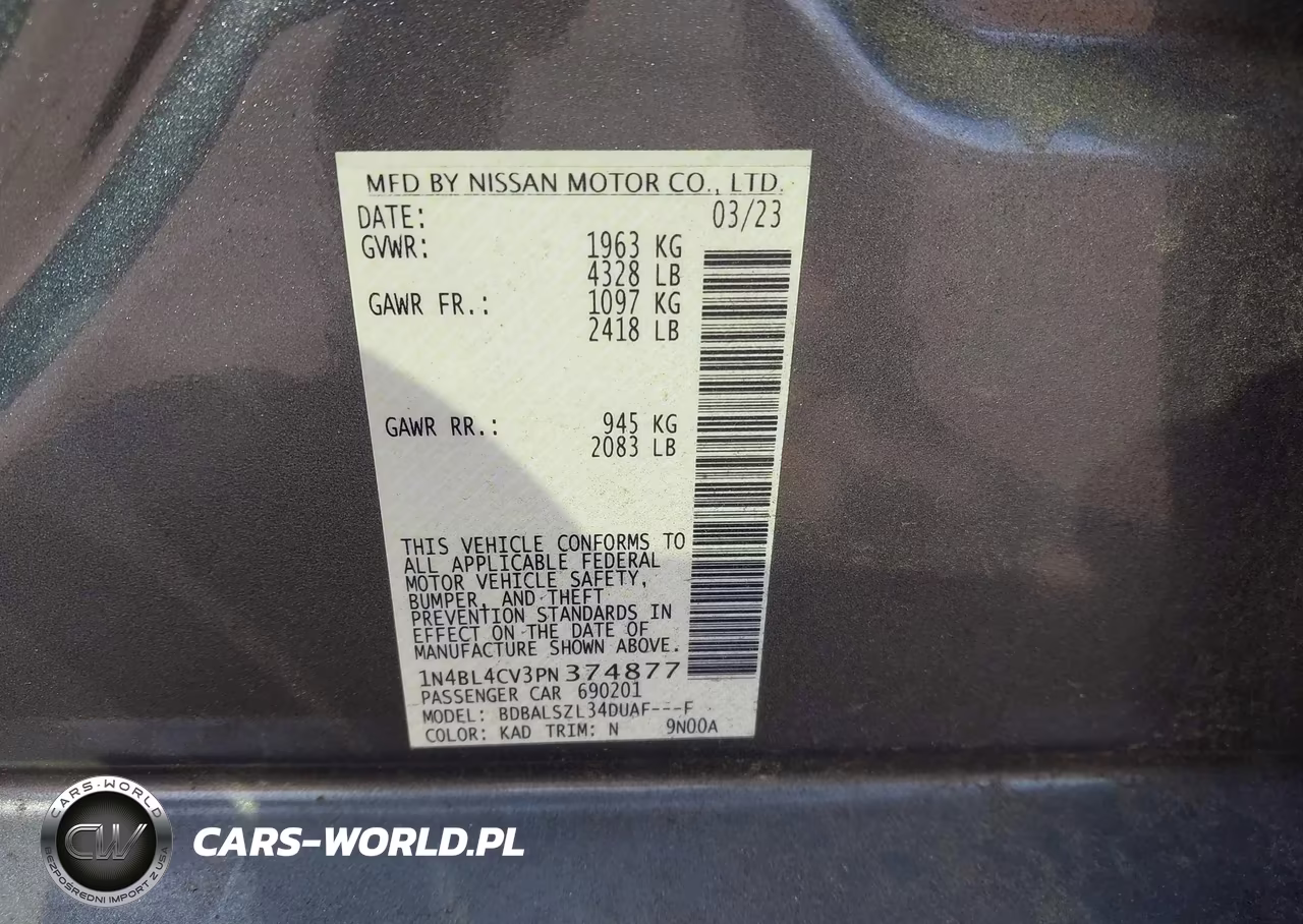 2023 Nissan Altima Sr Fwd VIN:1N4BL4CV3PN374877 - 9