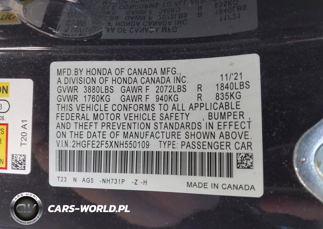 2022 Honda Civic Sport VIN:2HGFE2F5XNH550109 - 9