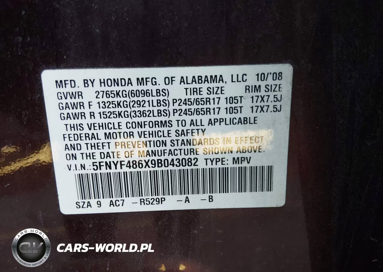 2009 Honda Pilot Ex-L VIN:5FNYF486X9B043082 - 9