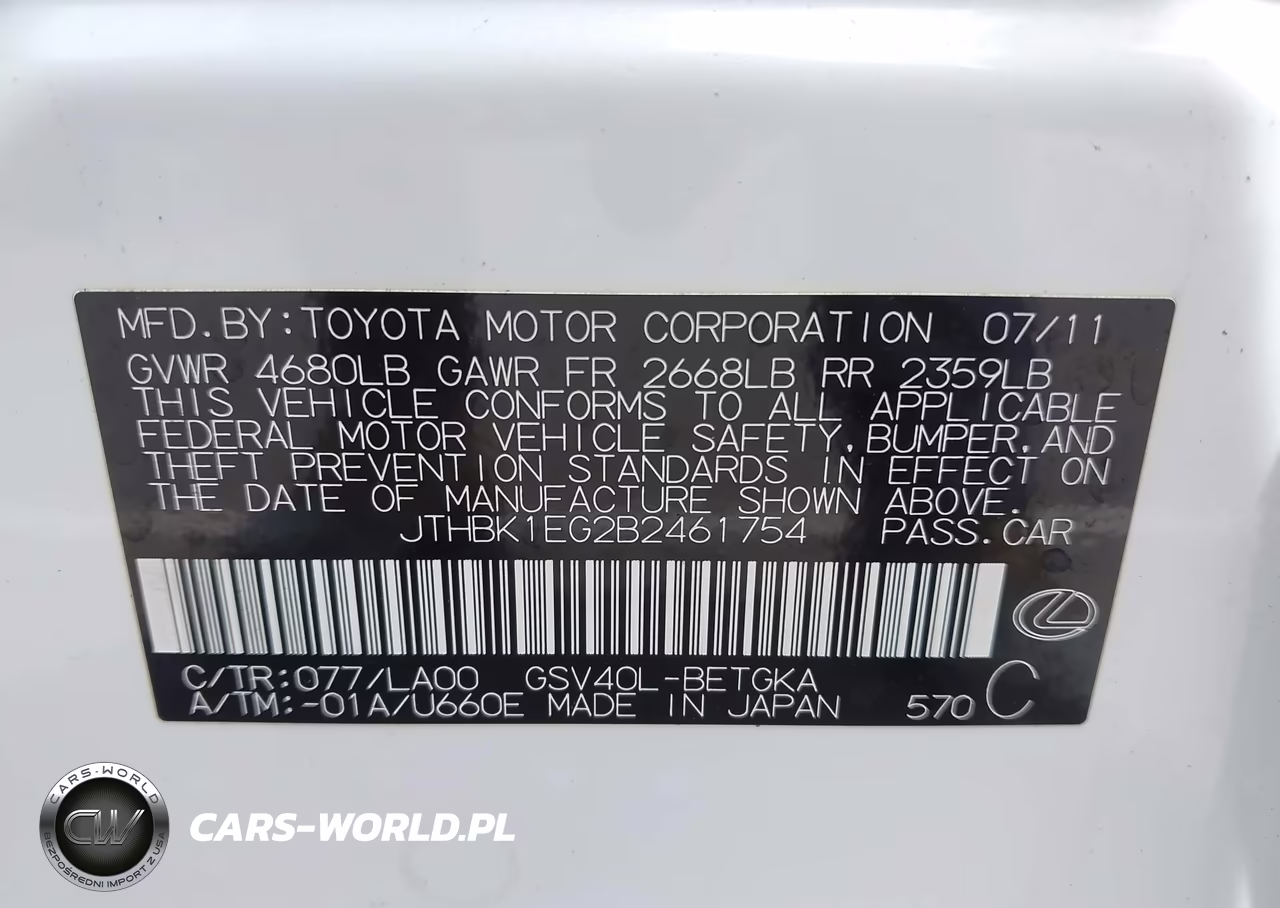 2011 Lexus Es 350 VIN:JTHBK1EG2B2461754 - 9