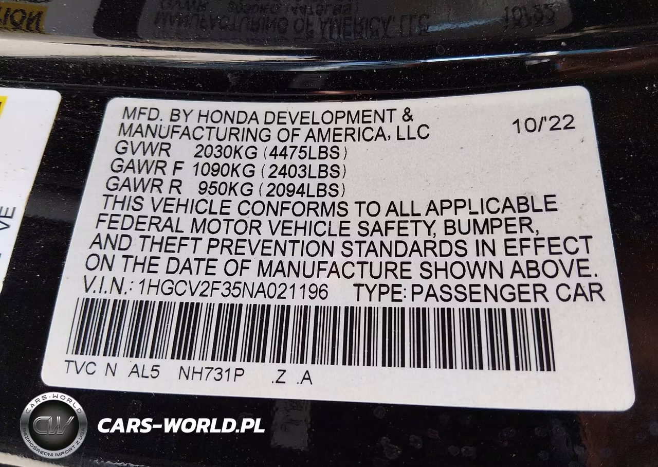 2022 Honda Accord Sport 2.0T VIN:1HGCV2F35NA021196 - 9