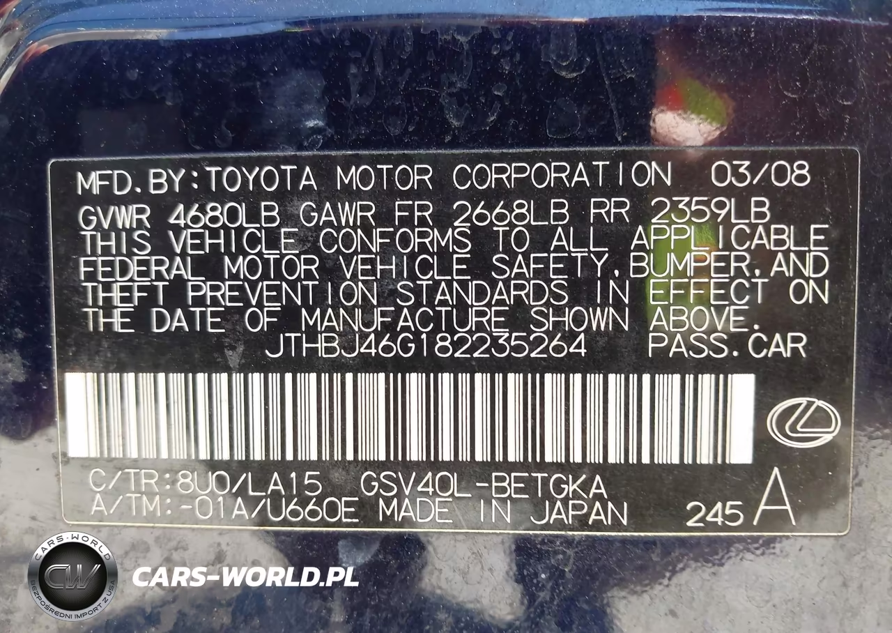2008 Lexus Es 350 VIN:JTHBJ46G182235264 - 9