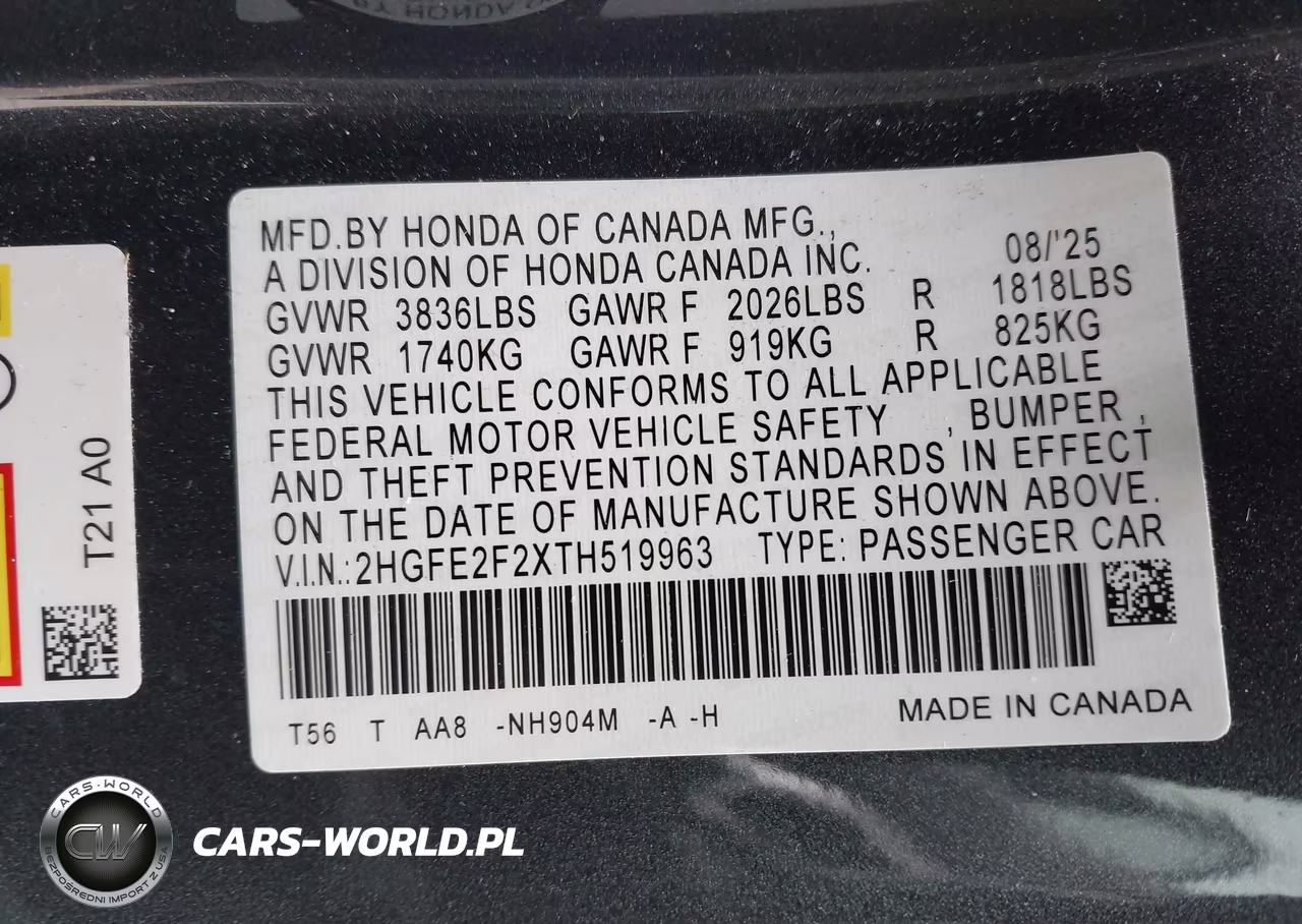 2026 Honda Civic Lx VIN:2HGFE2F2XTH519963 - 9