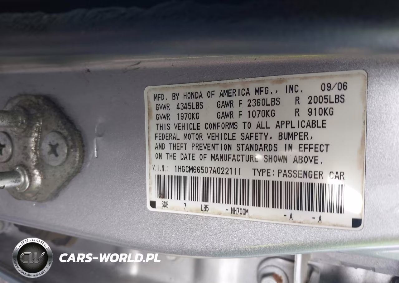 2007 Honda Accord 3.0 Ex VIN:1HGCM66507A022111 - 9