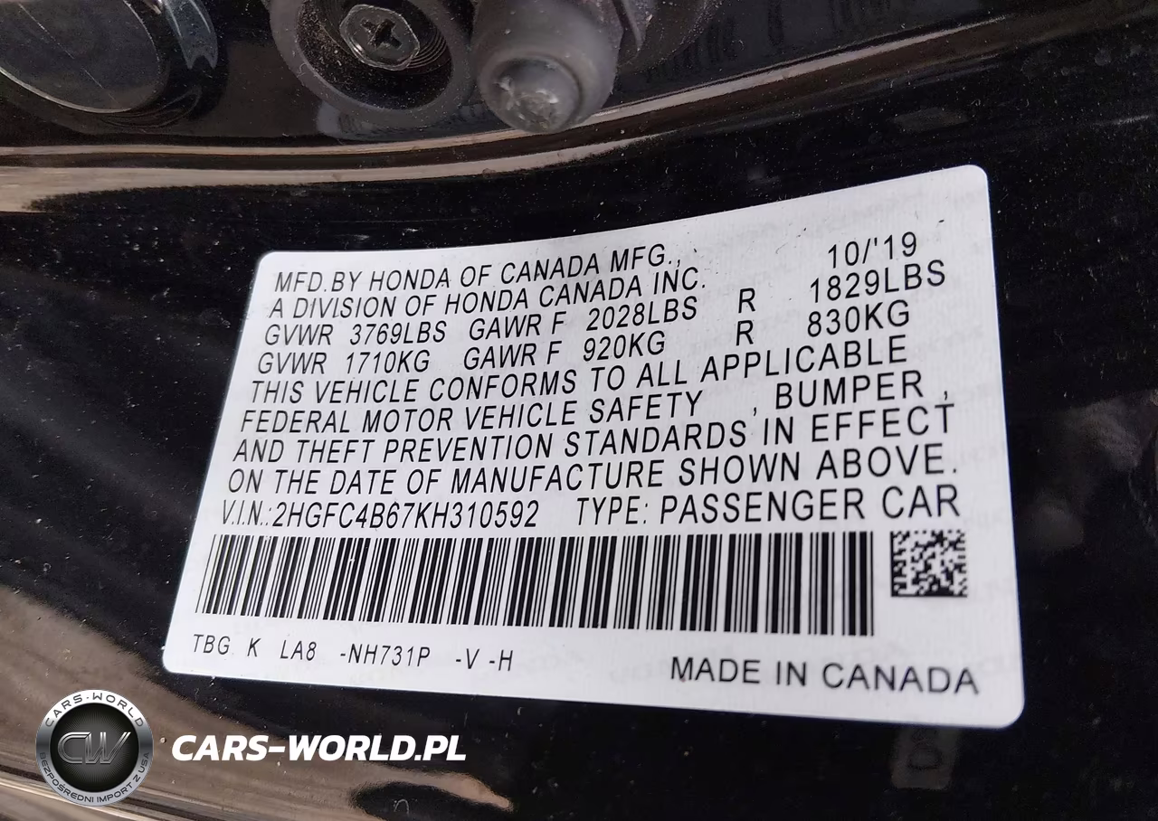 2019 Honda Civic Lx VIN:2HGFC4B67KH310592 - 9