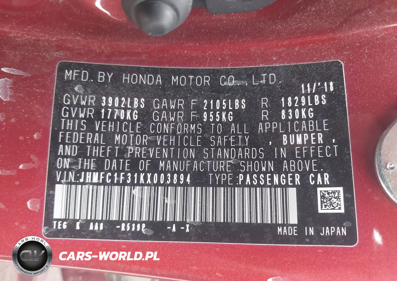 2019 Honda Civic Ex VIN:JHMFC1F31KX003894 - 9