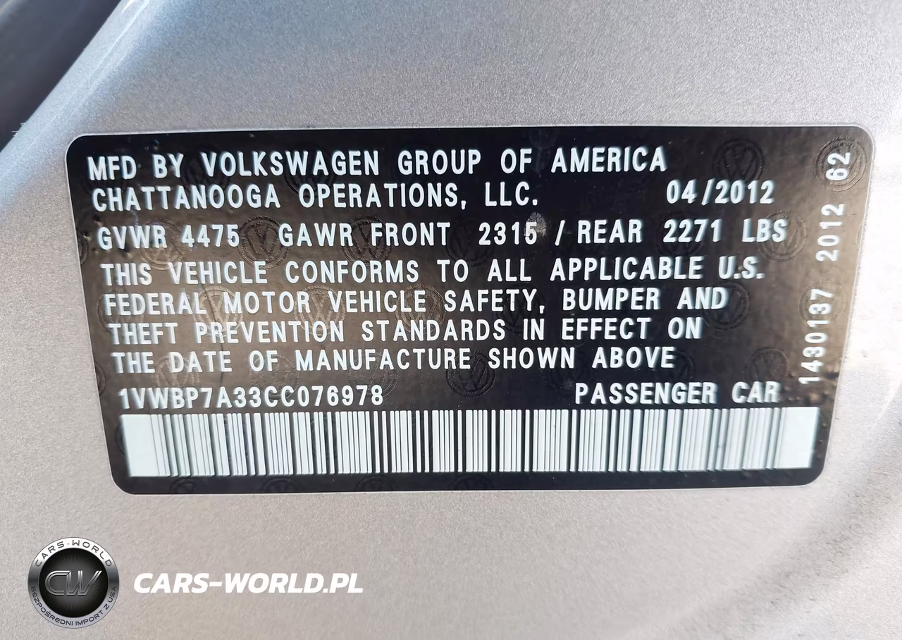 2012 Volkswagen Passat 2.5L Se VIN:1VWBP7A33CC076978 - 9