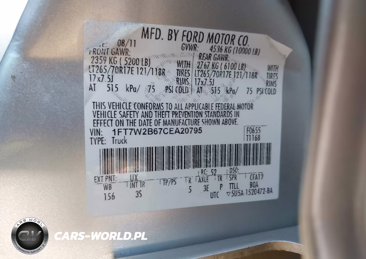2012 Ford F-250 Xlt VIN:1FT7W2B67CEA20795 - 9