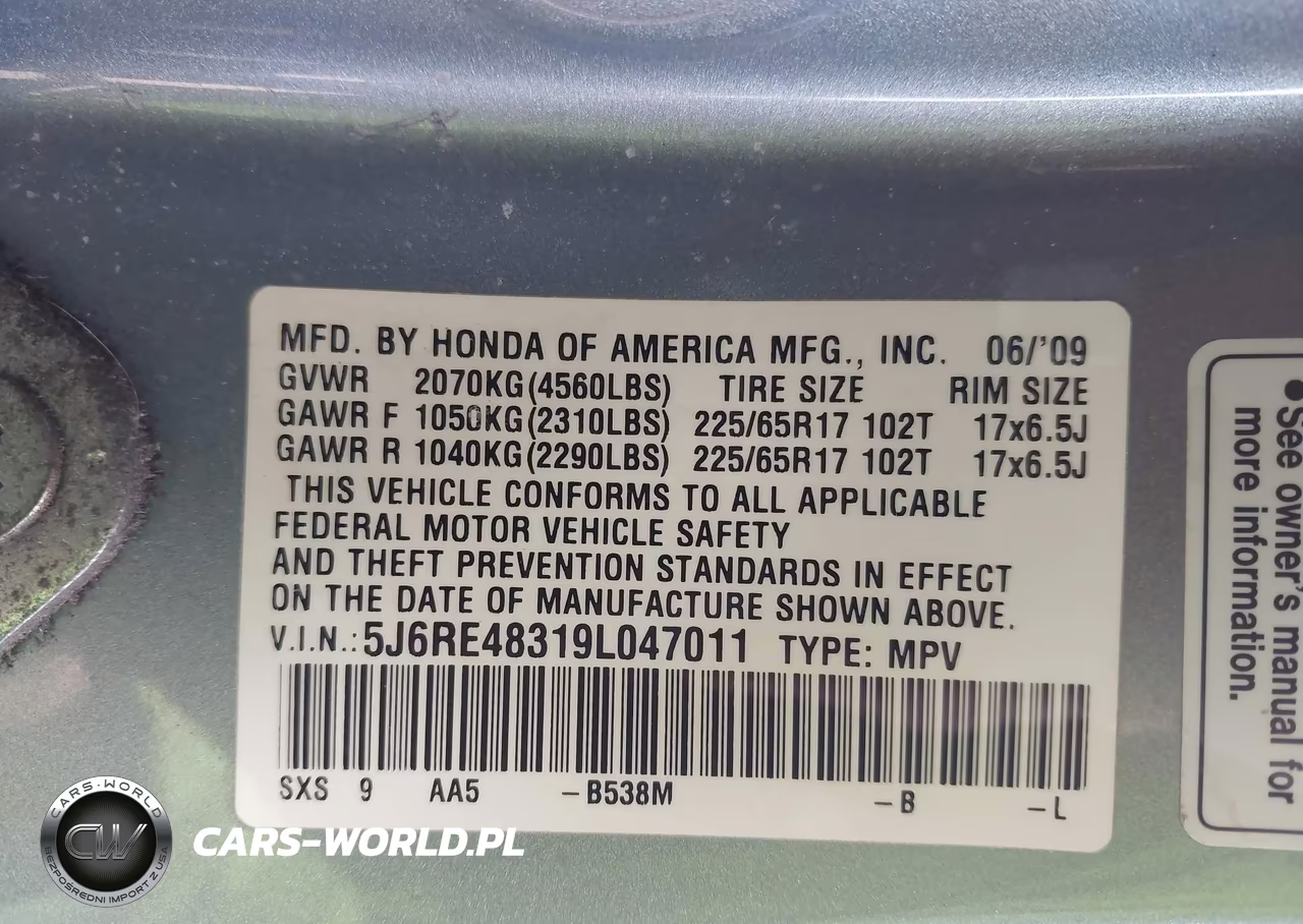 2009 Honda Cr-V Lx VIN:5J6RE48319L047011 - 9