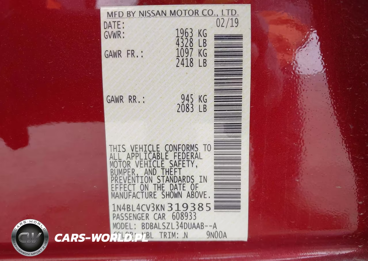 2019 Nissan Altima 2.5 Sr VIN:1N4BL4CV3KN319385 - 9