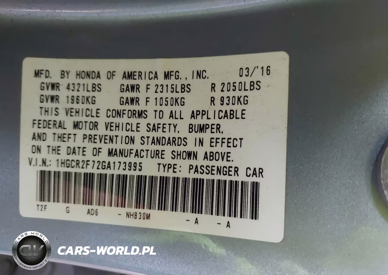 2016 Honda Accord Ex VIN:1HGCR2F72GA173995 - 9