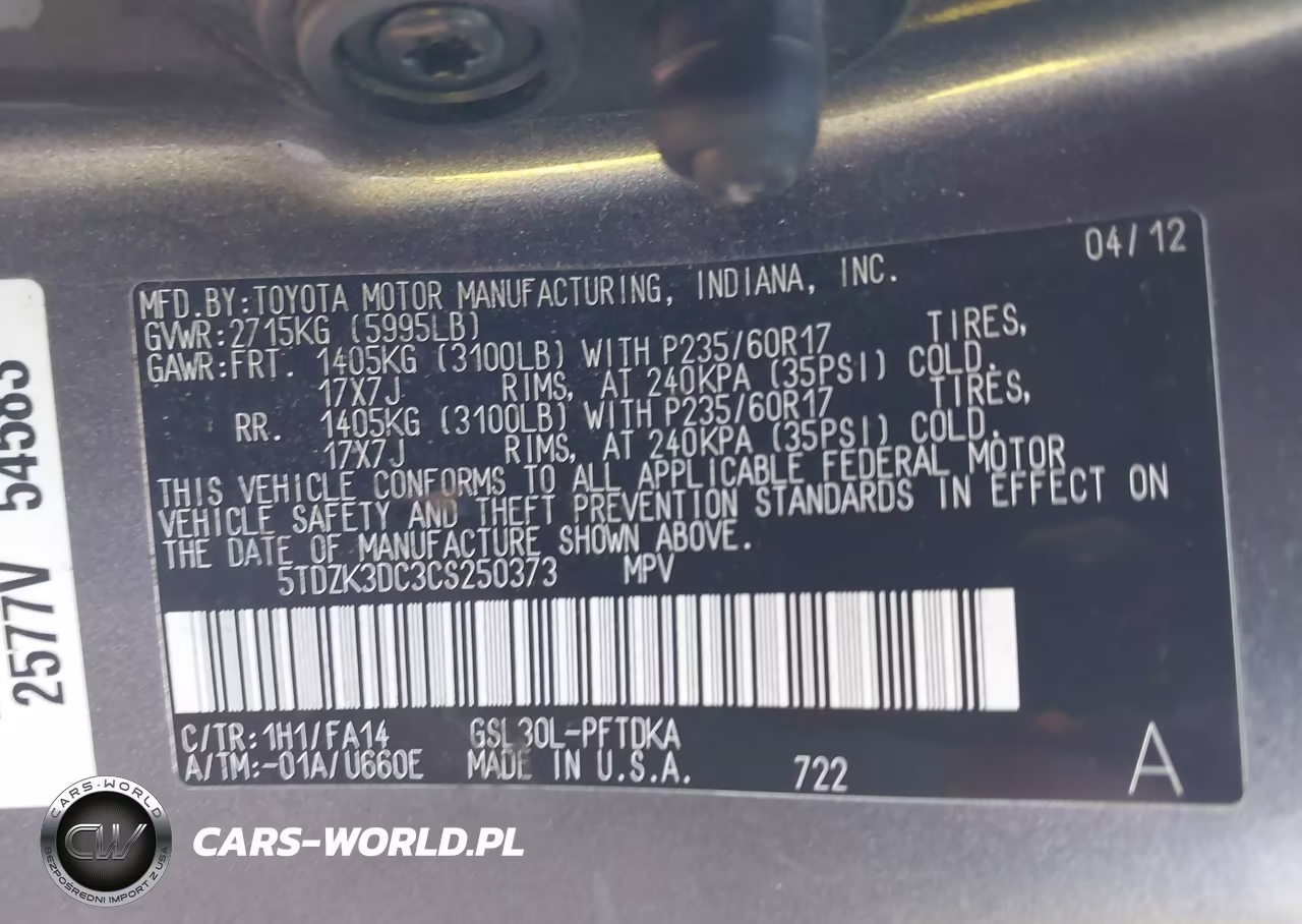 2012 Toyota Sienna Base V6 7 Passenger VIN:5TDZK3DC3CS250373 - 9