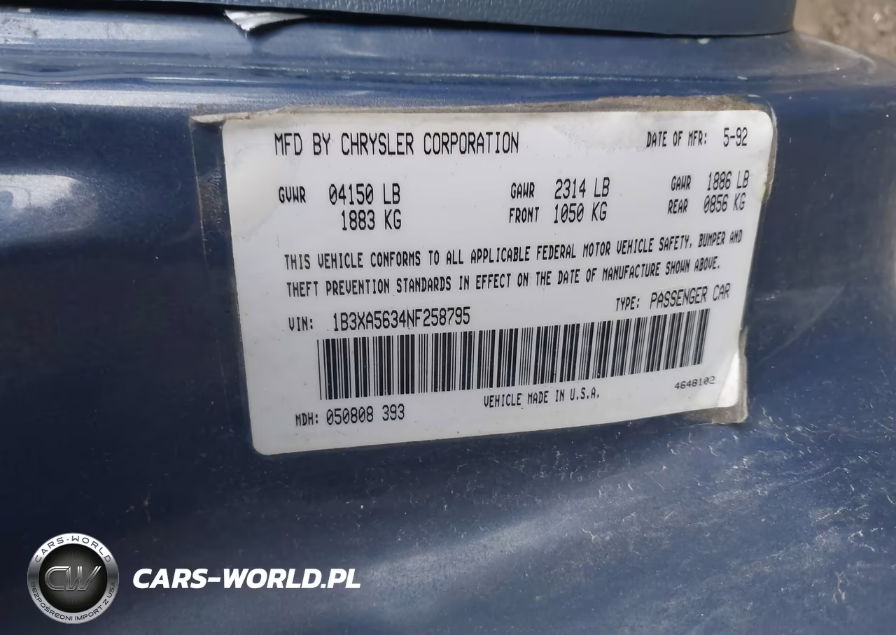 1992 Dodge Spirit Le VIN:1B3XA5634NF258795 - 9