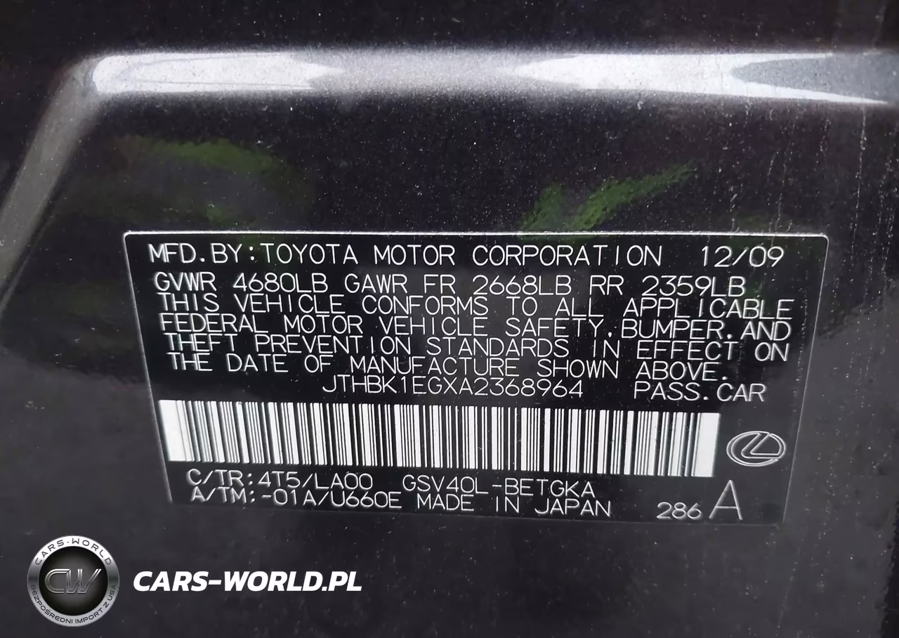 2010 Lexus Es 350 VIN:JTHBK1EGXA2368964 - 9