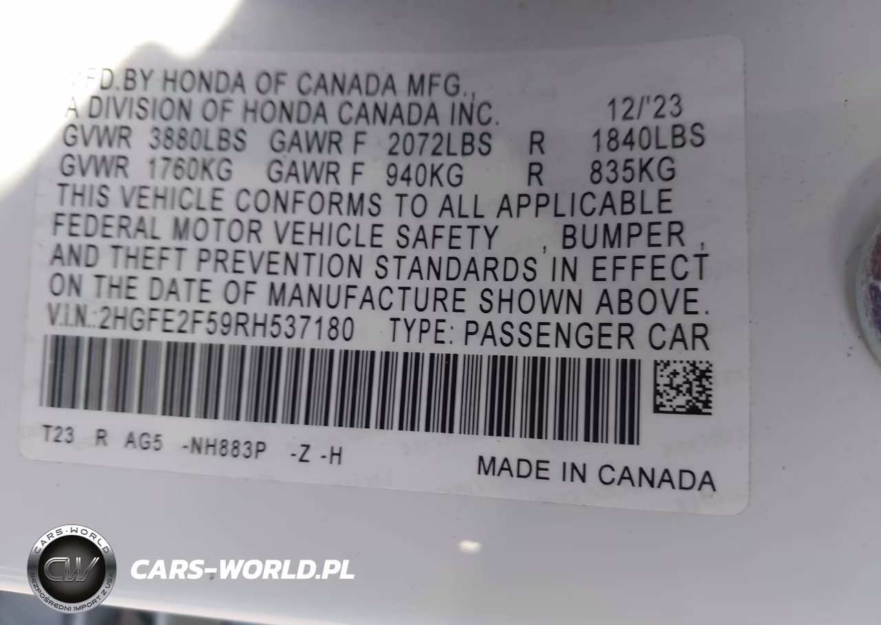 2024 Honda Civic Sport VIN:2HGFE2F59RH537180 - 9