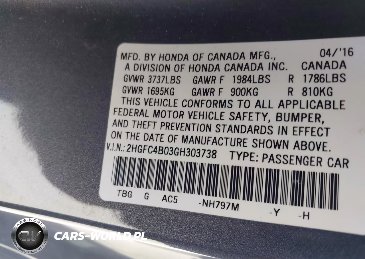 2016 Honda Civic Lx-P VIN:2HGFC4B03GH303738 - 9